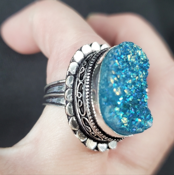 New Blue Titanium Crystal Druzy 925 Silver Statement Ring. - Picture 13 of 15